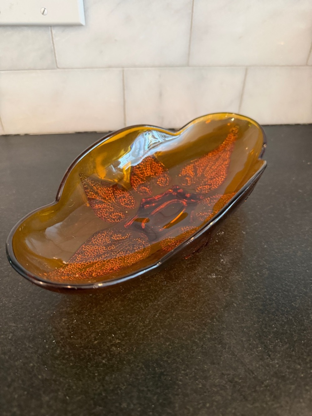 Vintage Anchor Hocking Amber Glass Oval Relish Candy Dish Gravy Boat Leaf 10”